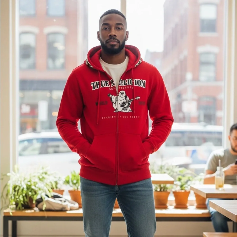 True Religion Full-Zip Fleece-Lined Hoodie Buddha Icon Men’s M Red Streetwear